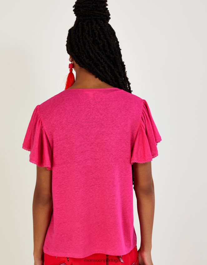 roupas top de tecido com decote em V em mistura de linho Monsoon mulheres rosa RPLH8F677