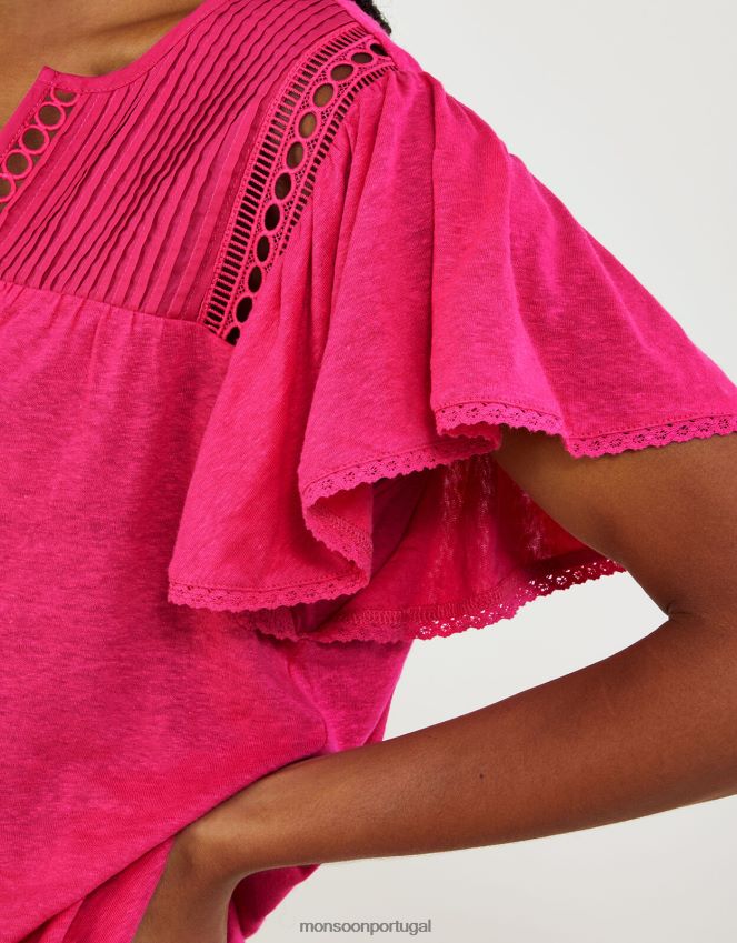 roupas top de tecido com decote em V em mistura de linho Monsoon mulheres rosa RPLH8F677