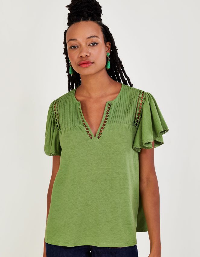 roupas top de tecido com decote em V em mistura de linho Monsoon mulheres verde RPLH8F819