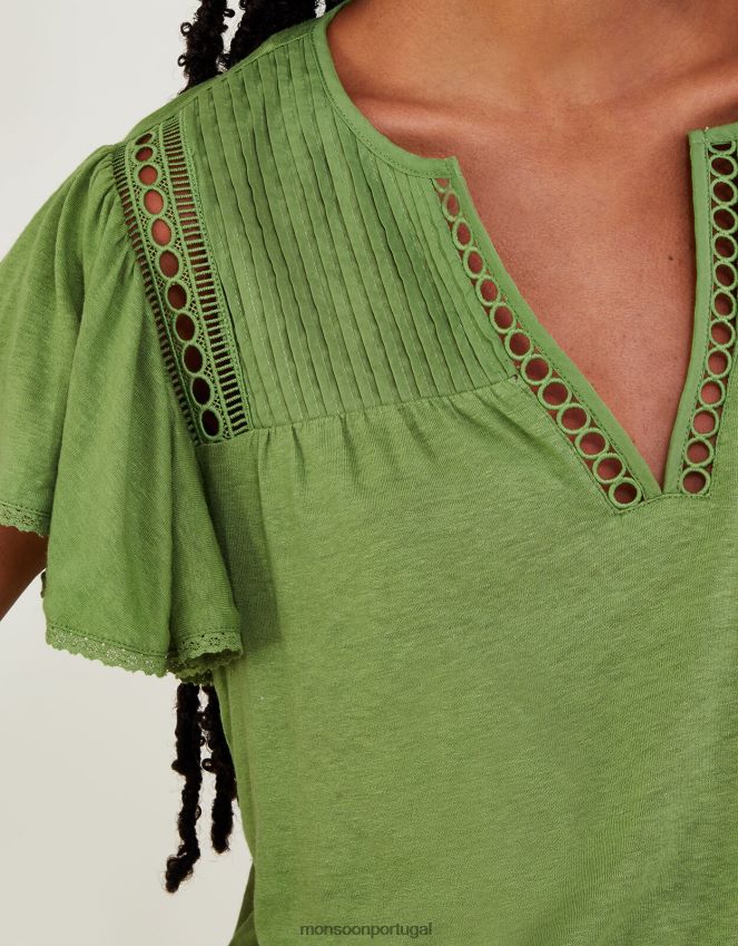 roupas top de tecido com decote em V em mistura de linho Monsoon mulheres verde RPLH8F819