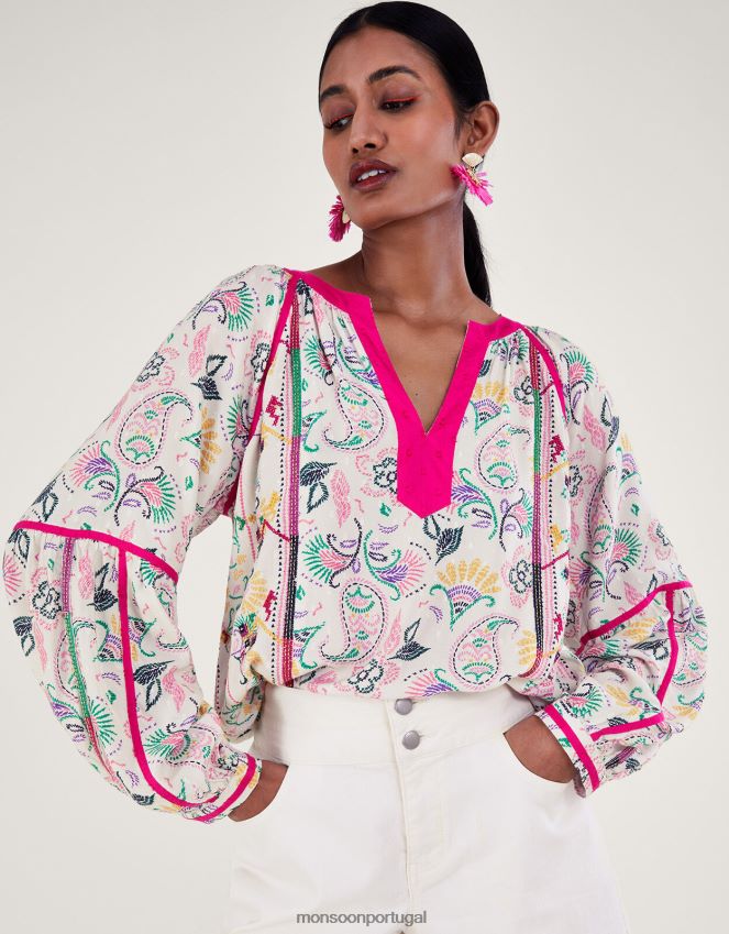 roupas top estampado bordado em lenzing ecovero Monsoon mulheres marfim RPLH8F83