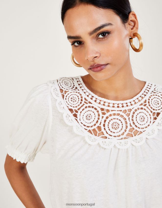 roupas top manga babado em crochê em mistura de linho Monsoon mulheres marfim RPLH8F587