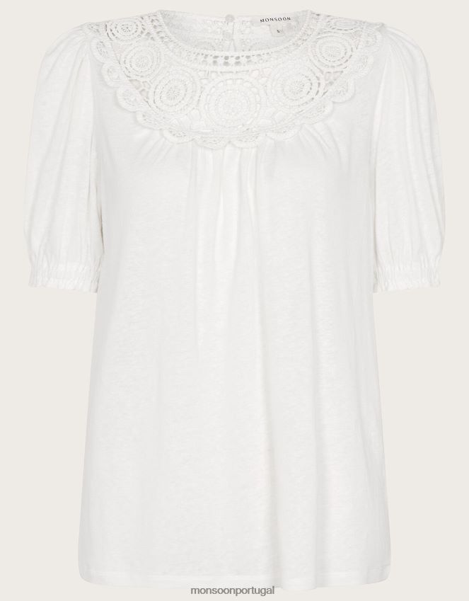 roupas top manga babado em crochê em mistura de linho Monsoon mulheres marfim RPLH8F587