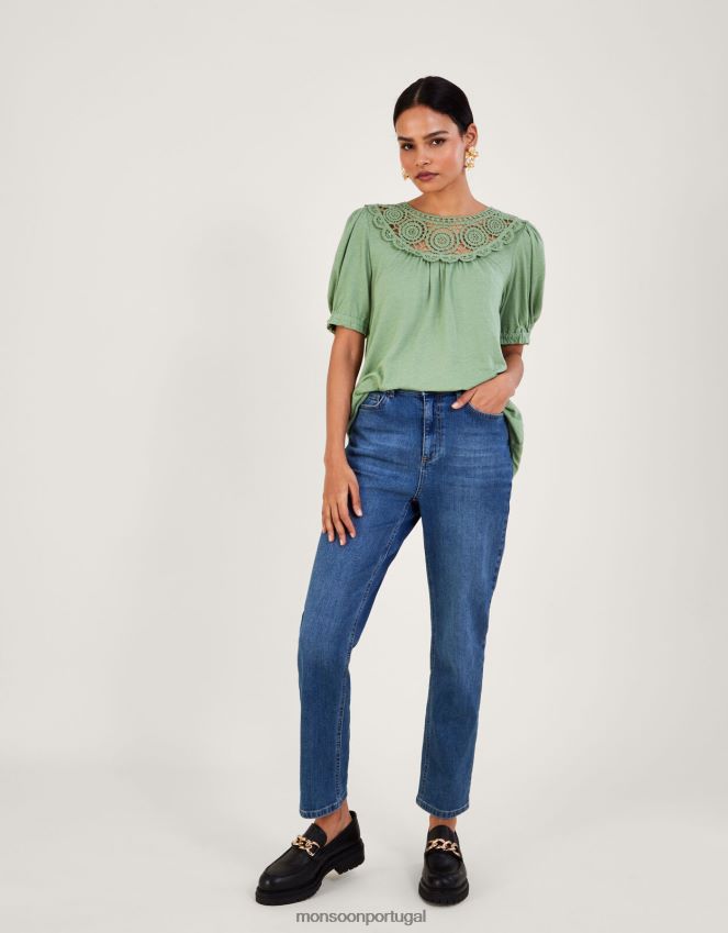 roupas top manga babado em crochê em mistura de linho Monsoon mulheres verde (cáqui) RPLH8F898