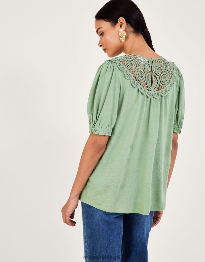roupas top manga babado em crochê em mistura de linho Monsoon mulheres verde (cáqui) RPLH8F898