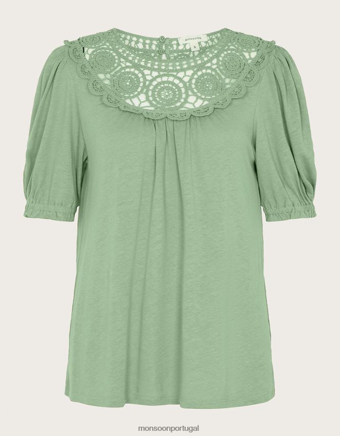 roupas top manga babado em crochê em mistura de linho Monsoon mulheres verde (cáqui) RPLH8F898