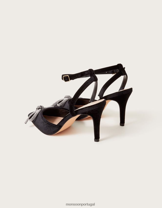 calçados salto agulha de veludo com laço pontiagudo Monsoon mulheres preto RPLH8F1465