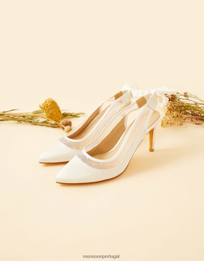calçados salto de noiva tipo slingback em malha com laço Monsoon mulheres marfim RPLH8F1561