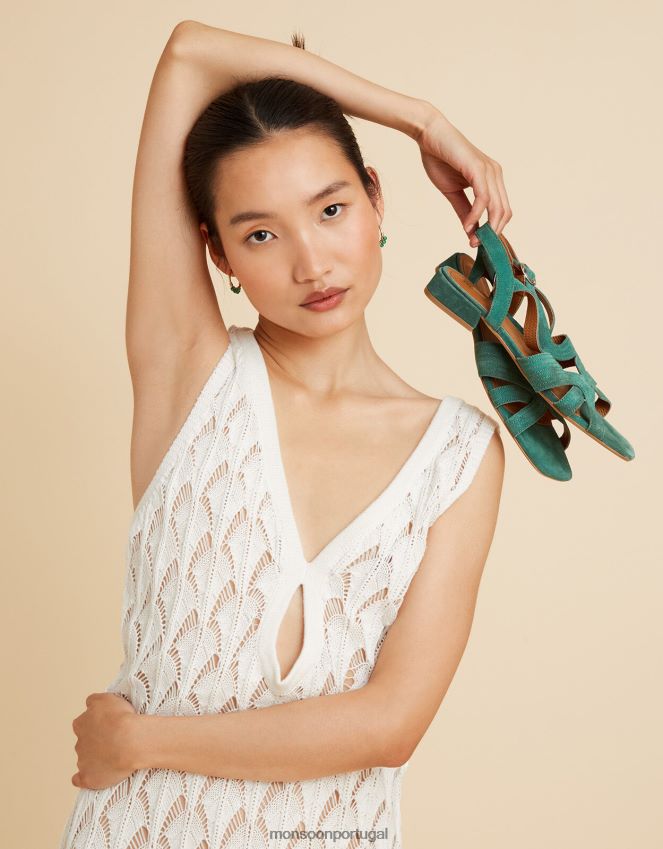 calçados sandálias rasteiras de camurça Monsoon mulheres verde RPLH8F2805