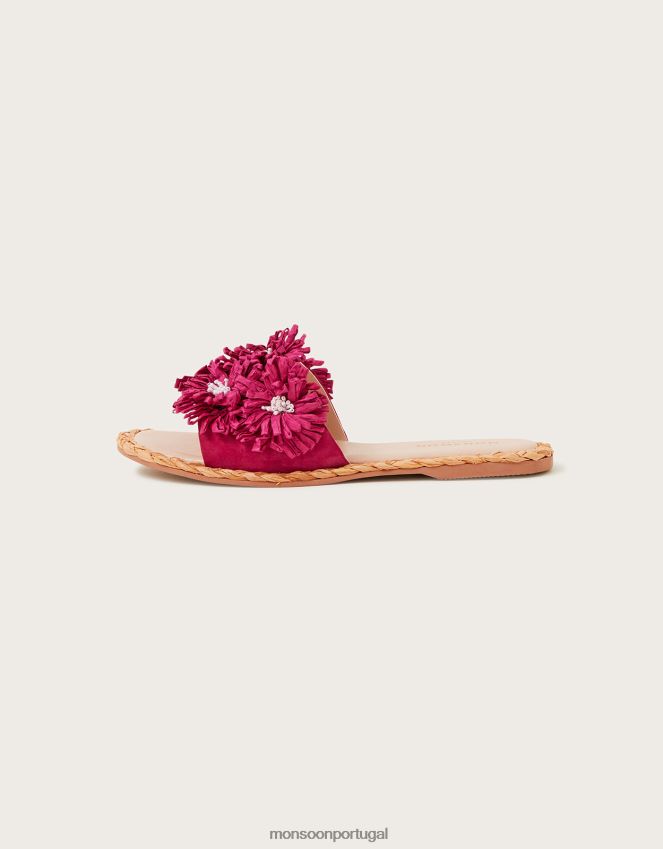 calçados sliders de camurça floral de ráfia Monsoon mulheres rosa RPLH8F1476