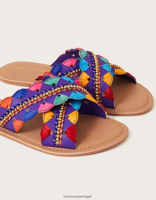 calçados sliders embelezados com ráfia Monsoon mulheres roxo RPLH8F1550
