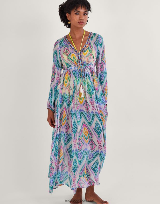 roupas Vestido kaftan com estampa arco-íris ikat em Lenzing Ecovero Monsoon mulheres rosa RPLH8F293