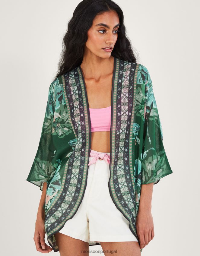 roupas capa com estampa palmar em poliéster reciclado Monsoon mulheres moda RPLH8F820