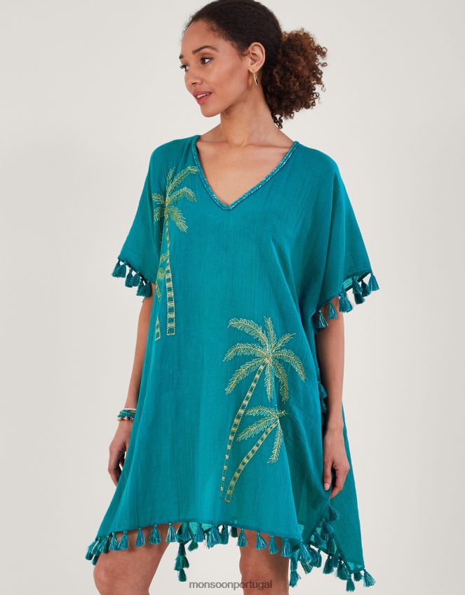 roupas kaftan bordado com palmeira Monsoon mulheres azul (turquesa) RPLH8F821