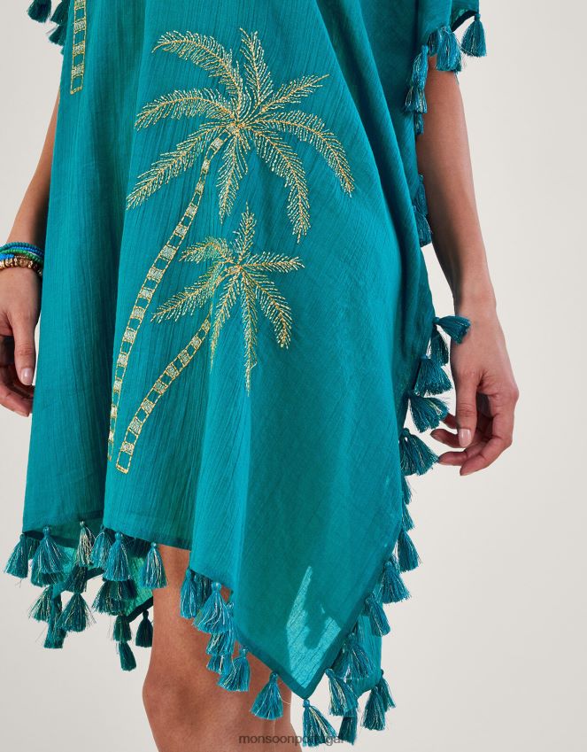 roupas kaftan bordado com palmeira Monsoon mulheres azul (turquesa) RPLH8F821
