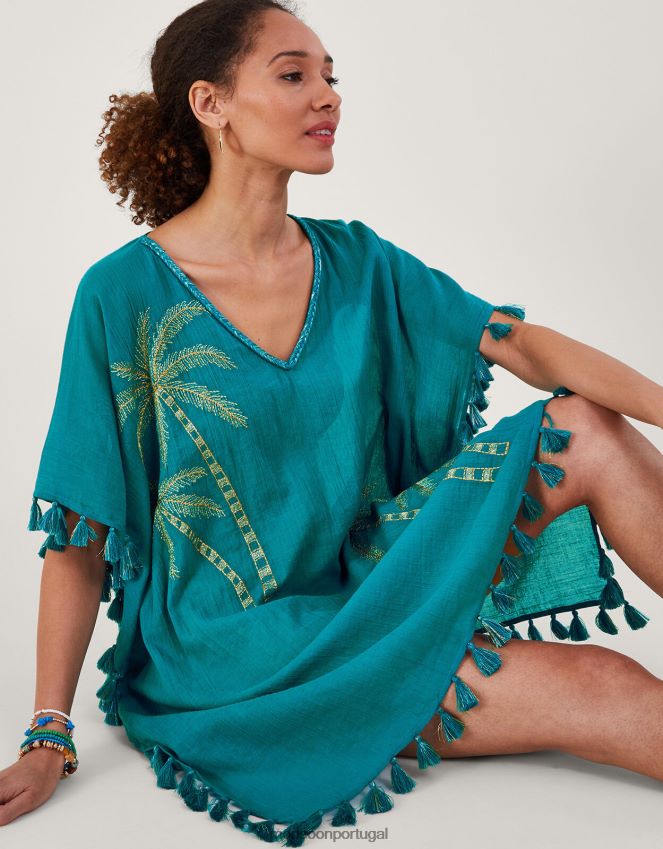 roupas kaftan bordado com palmeira Monsoon mulheres azul (turquesa) RPLH8F821