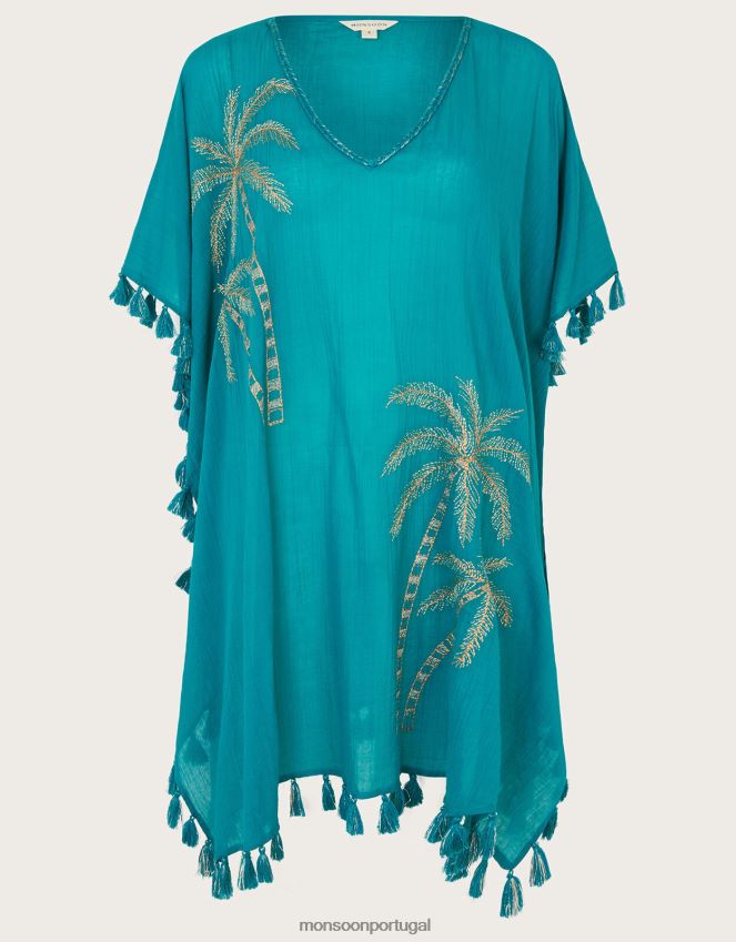 roupas kaftan bordado com palmeira Monsoon mulheres azul (turquesa) RPLH8F821