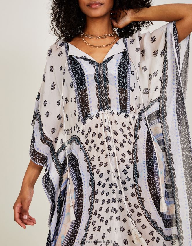 roupas maxi kaftan com estampa circular em lenzing ecovero Monsoon mulheres marfim RPLH8F862