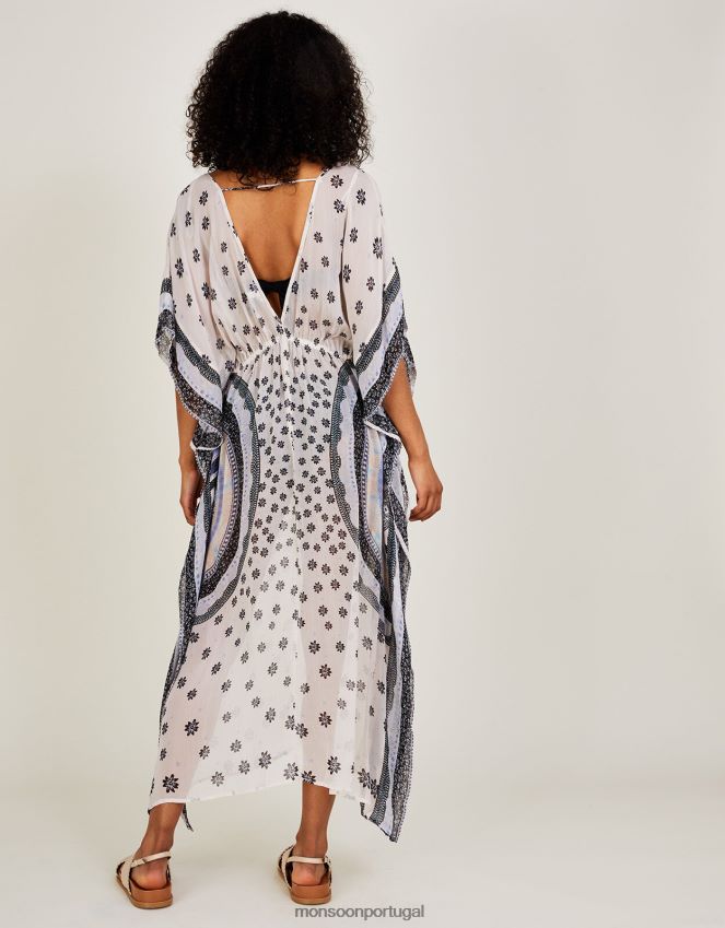 roupas maxi kaftan com estampa circular em lenzing ecovero Monsoon mulheres marfim RPLH8F862