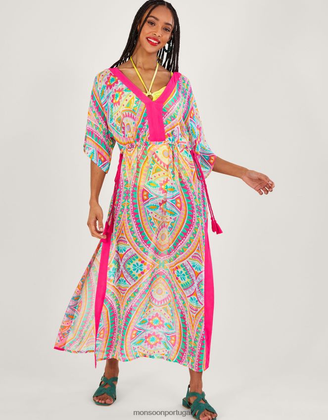 roupas maxi kaftan com estampa de mosaico Monsoon mulheres rosa RPLH8F284