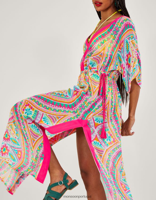 roupas maxi kaftan com estampa de mosaico Monsoon mulheres rosa RPLH8F284