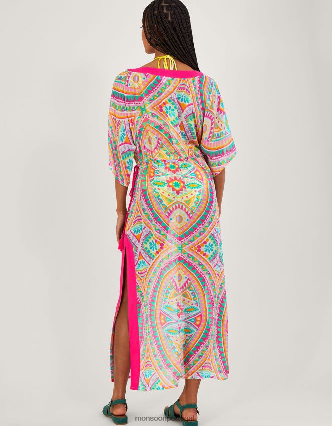 roupas maxi kaftan com estampa de mosaico Monsoon mulheres rosa RPLH8F284