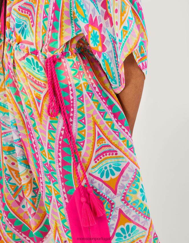 roupas maxi kaftan com estampa de mosaico Monsoon mulheres rosa RPLH8F284