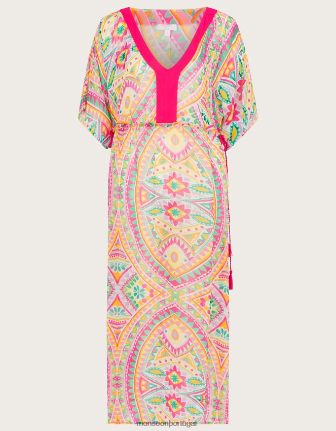 roupas maxi kaftan com estampa de mosaico Monsoon mulheres rosa RPLH8F284