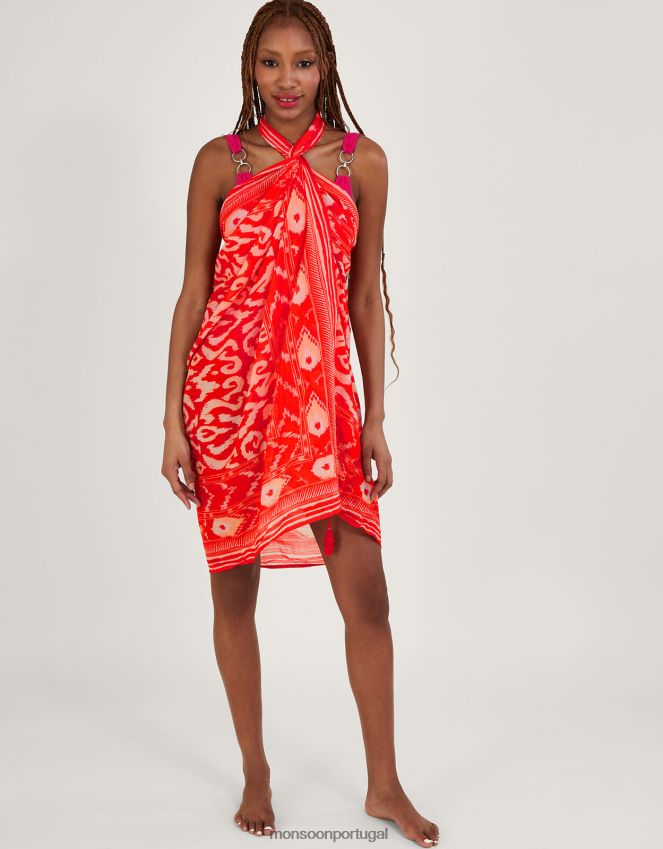 roupas sarongue estampado ikat Monsoon mulheres laranja RPLH8F1185