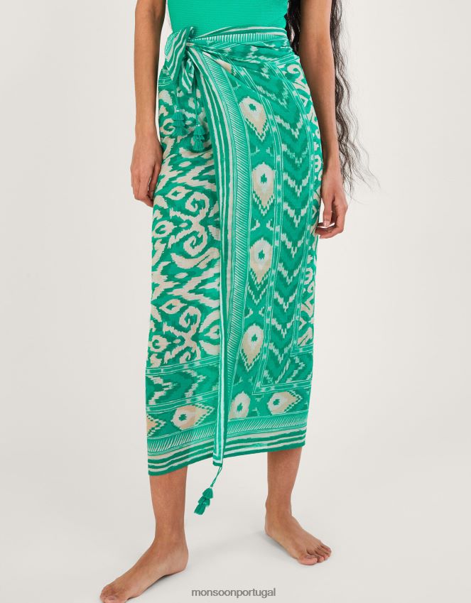roupas sarongue estampado ikat Monsoon mulheres verde RPLH8F1183