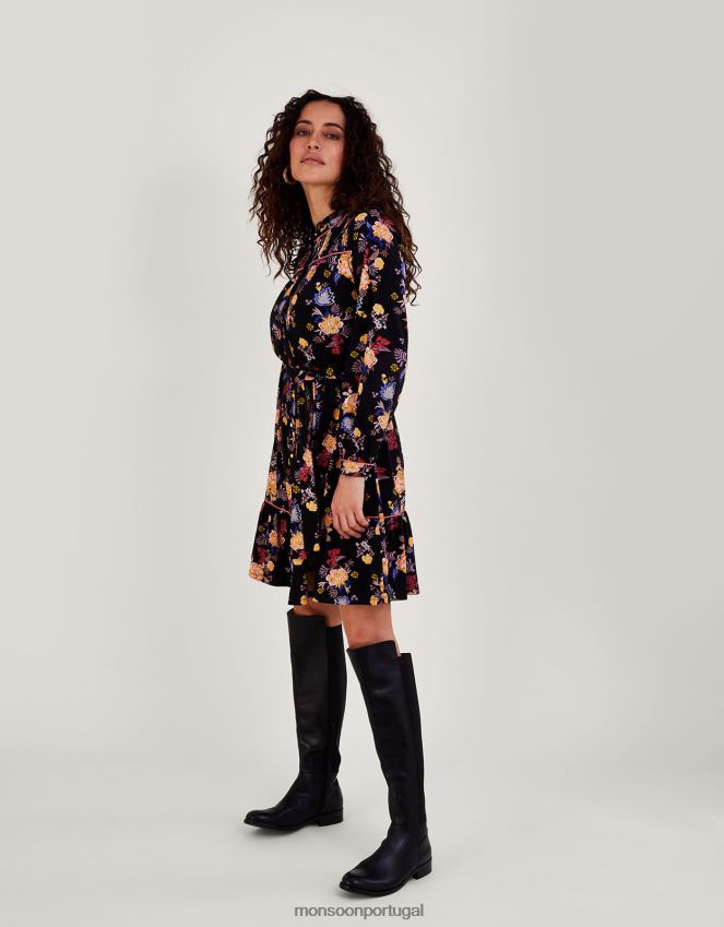 roupas vestido de jérsei com estampa floral e cinto Monsoon mulheres preto RPLH8F709