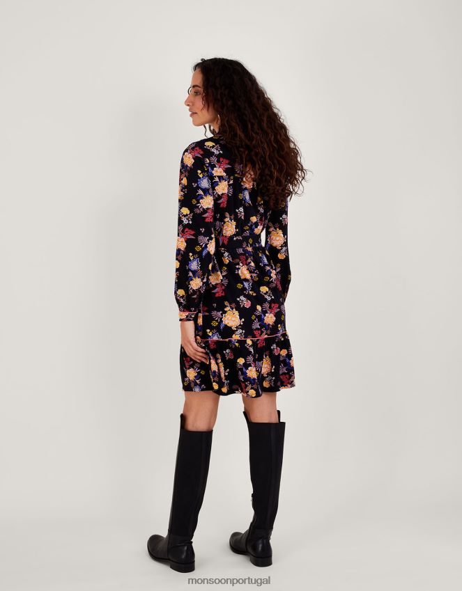 roupas vestido de jérsei com estampa floral e cinto Monsoon mulheres preto RPLH8F709