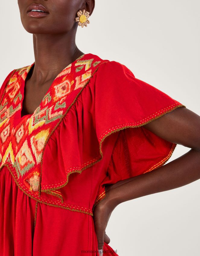 roupas vestido de jérsei com manga babado bordado Monsoon mulheres vermelho RPLH8F485