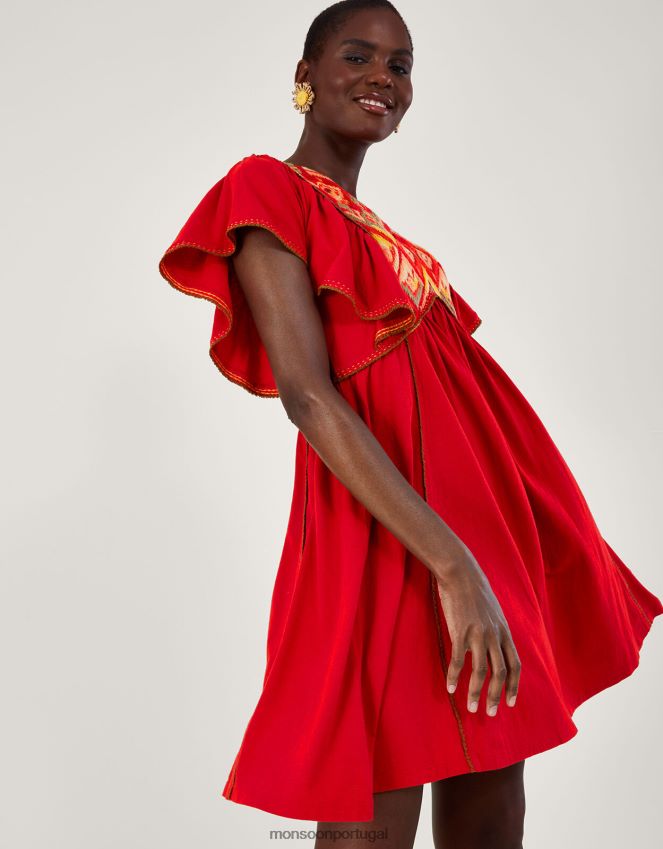 roupas vestido de jérsei com manga babado bordado Monsoon mulheres vermelho RPLH8F485