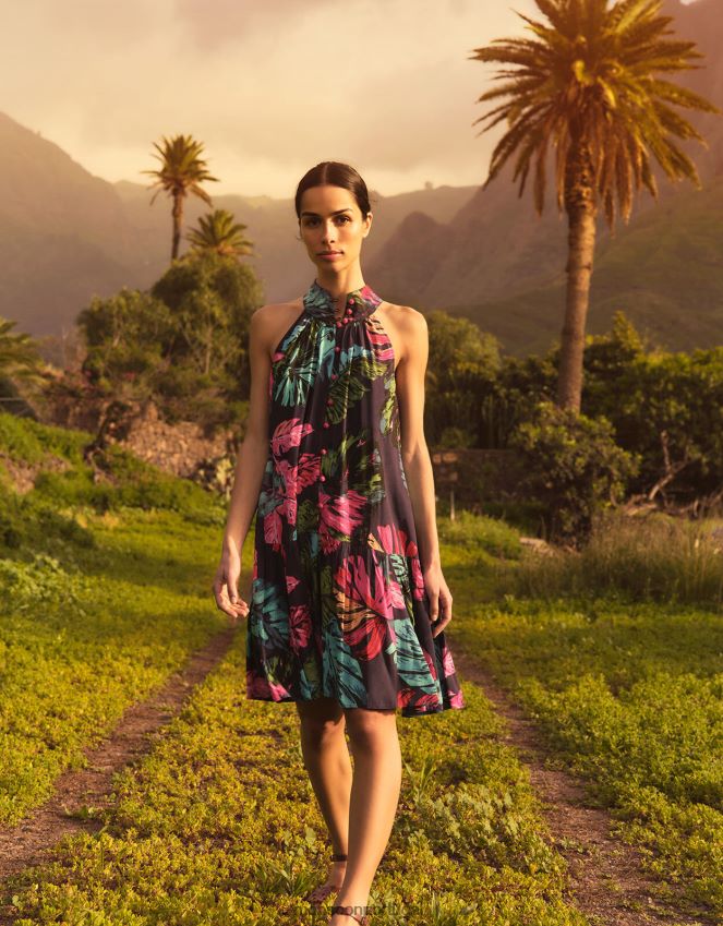 roupas vestido frente única com estampa de palmeira bria em viscose sustentável Monsoon mulheres azul (meia-noite) RPLH8F337