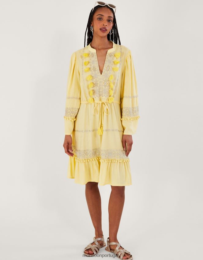 roupas vestido kaftan com pompom bordado em lenzing ecovero Monsoon mulheres amarelo RPLH8F54