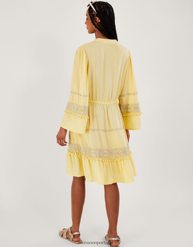 roupas vestido kaftan com pompom bordado em lenzing ecovero Monsoon mulheres amarelo RPLH8F54