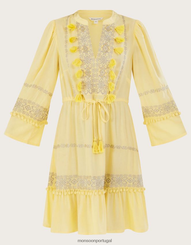roupas vestido kaftan com pompom bordado em lenzing ecovero Monsoon mulheres amarelo RPLH8F54