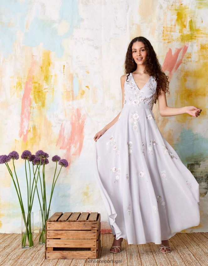 roupas vestido maxi bordado floral addison Monsoon mulheres azul RPLH8F1146