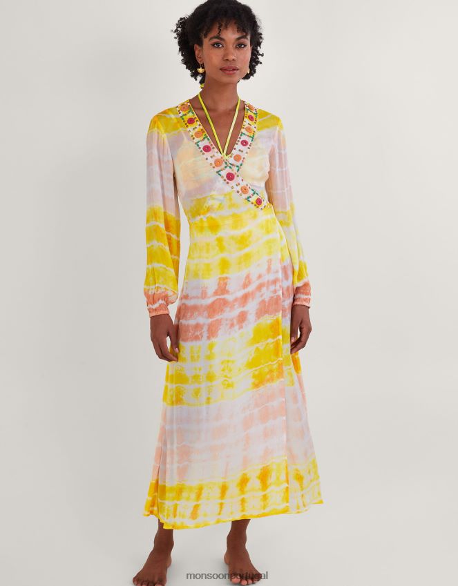 roupas vestido maxi kaftan tie-dye premium Monsoon mulheres amarelo RPLH8F886