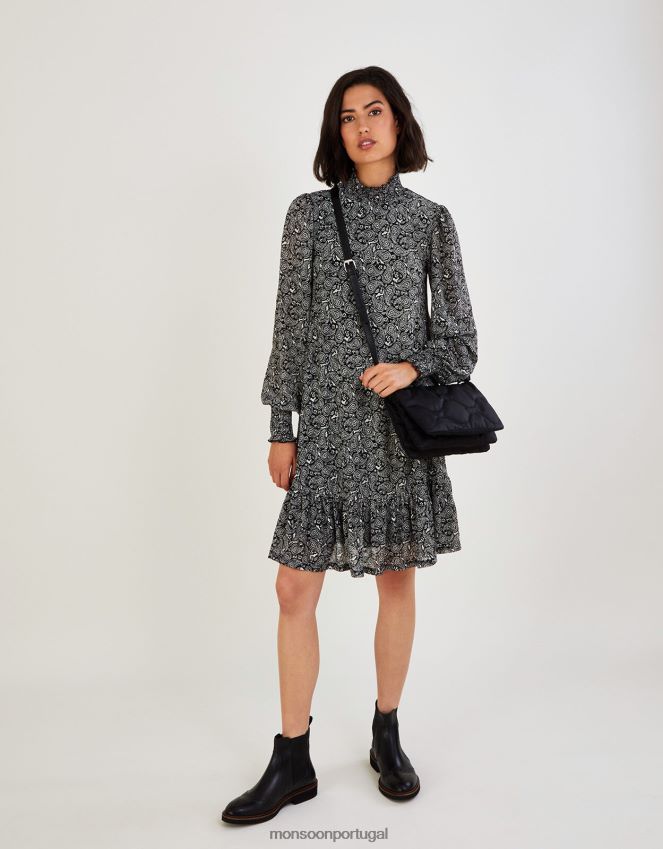 roupas vestido de jérsei paisley com gola alta Monsoon mulheres preto RPLH8F538