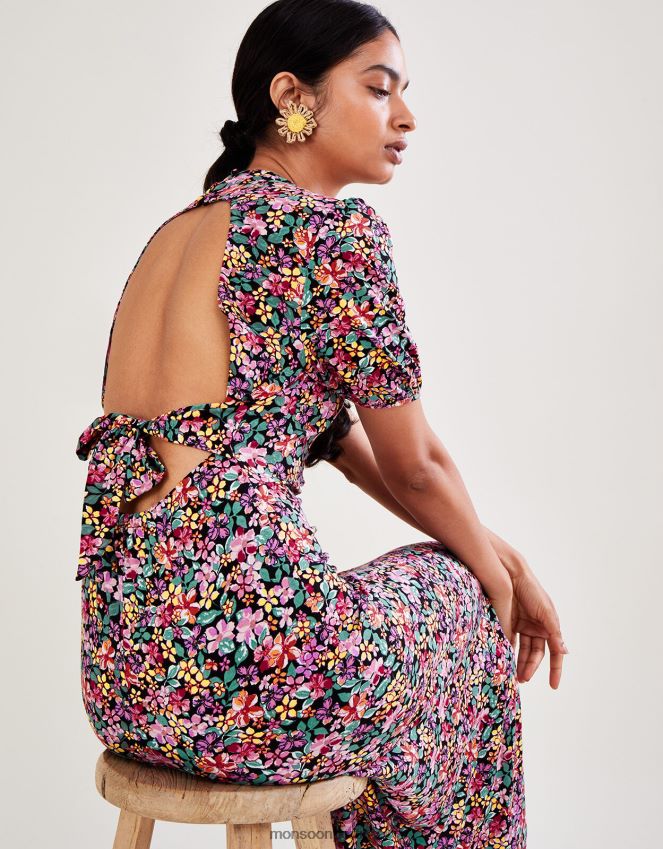 roupas vestido floral vintage em jérsei Monsoon mulheres preto RPLH8F2802