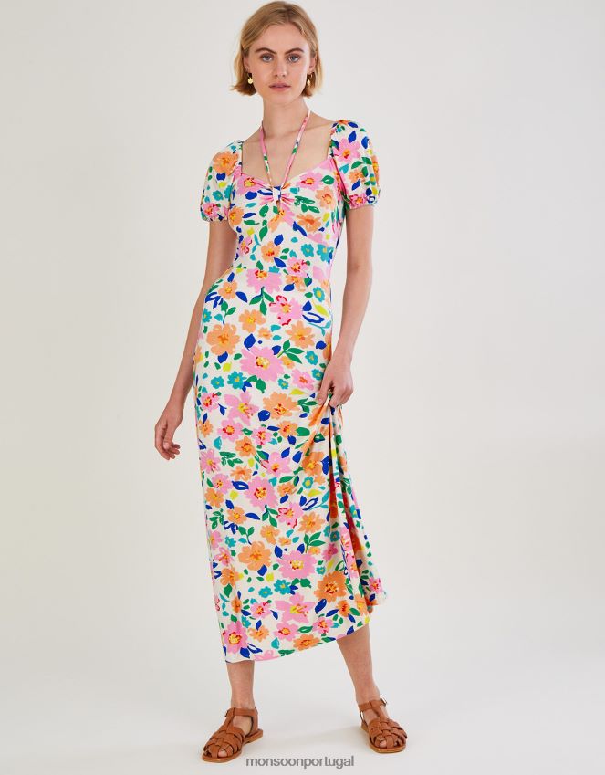 roupas vestido midi floral manga bufante em jérsei Monsoon mulheres marfim RPLH8F626