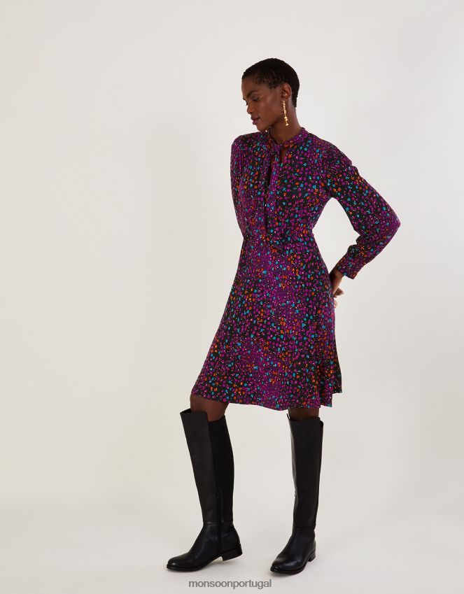 roupas vestido todo em jersey com estampa foil Monsoon mulheres preto RPLH8F651