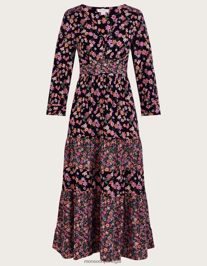 roupas Vestido ditsy com estampa floral em camadas em Lenzing Ecovero Monsoon mulheres laranja RPLH8F1079