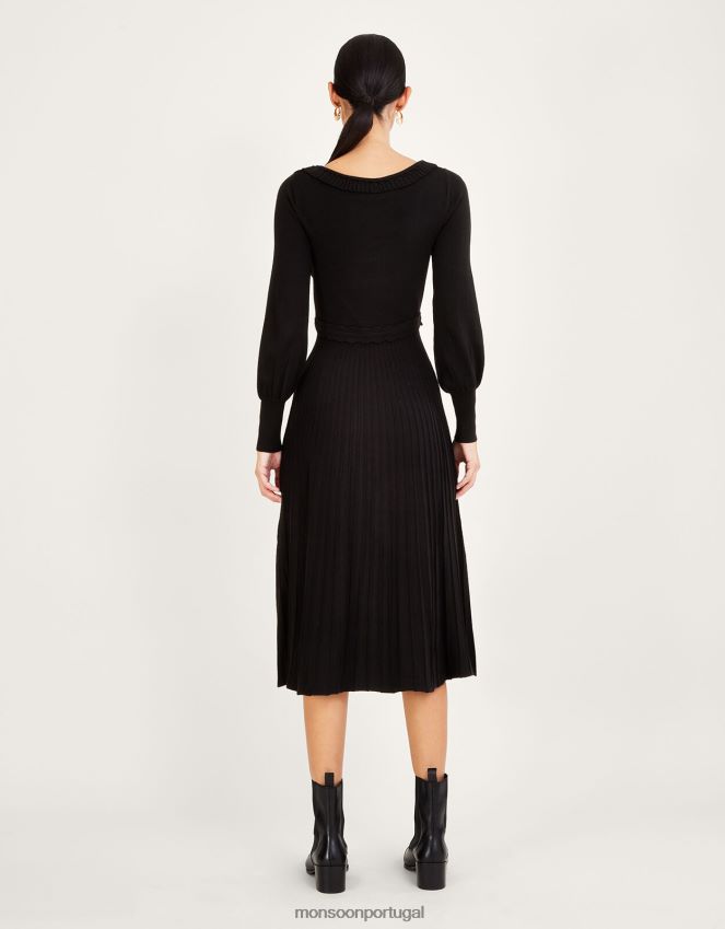 roupas Vestido midi com acabamento plissado e gola inclinada com lenço ecovero Monsoon mulheres preto RPLH8F604
