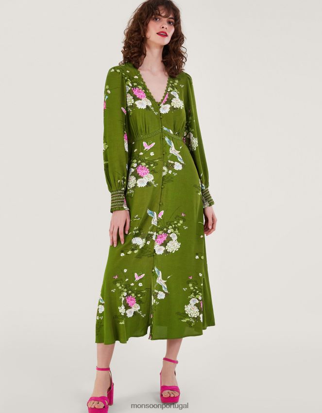 roupas desenhou vestido chá com estampa floral em viscose sustentável Monsoon mulheres verde RPLH8F777