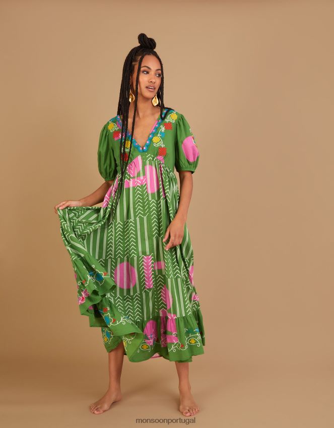 roupas vestido artesanal bordado chevron Monsoon mulheres verde RPLH8F585