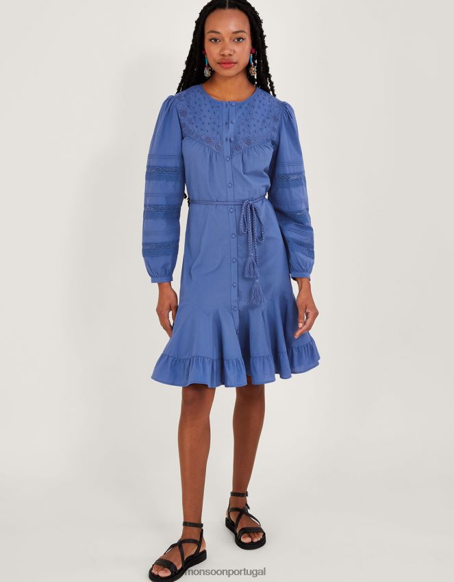 roupas vestido babador com detalhes bordados em algodão sustentável Monsoon mulheres azul RPLH8F276