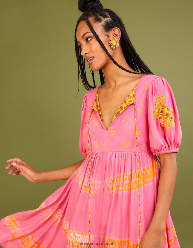 roupas vestido bandhani com forro contrastante com estampa tingida em lenzing ecovero Monsoon mulheres laranja (coral) RPLH8F315